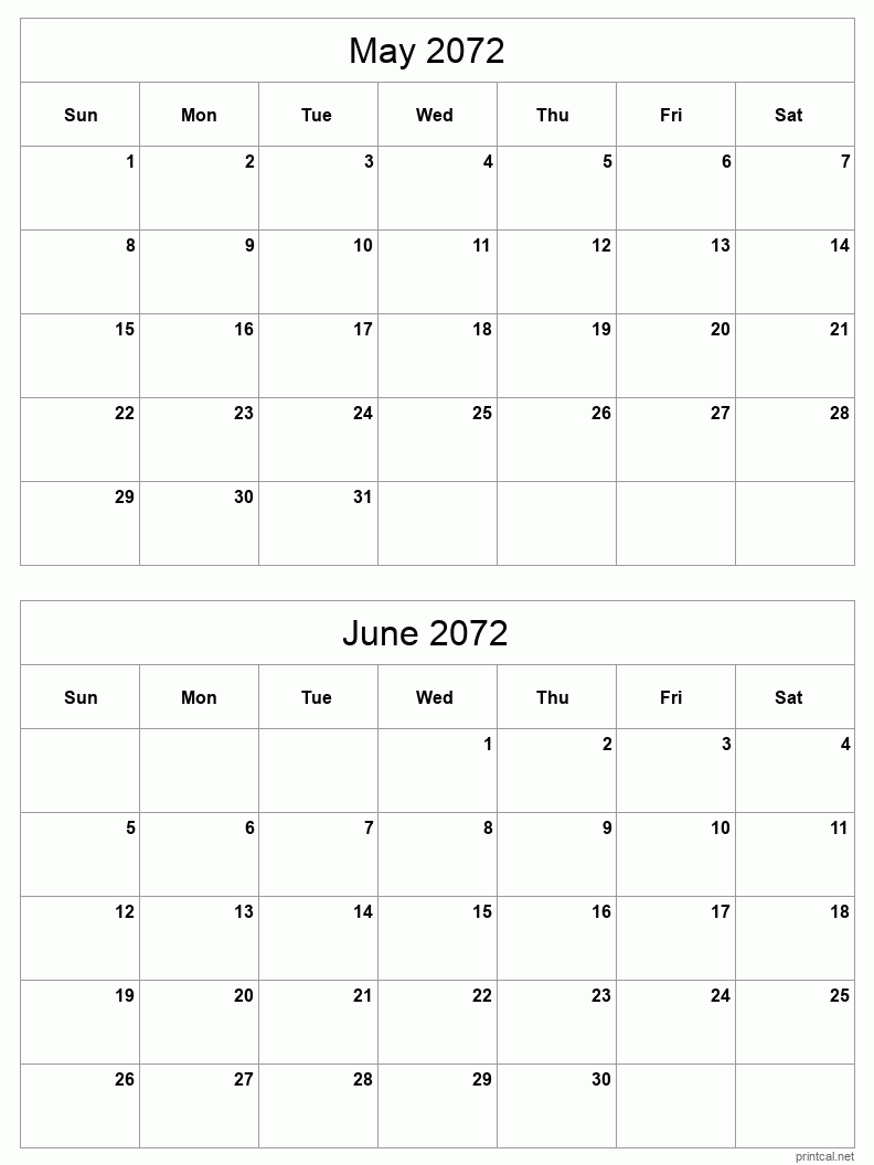 2 month calendar May to June 2072