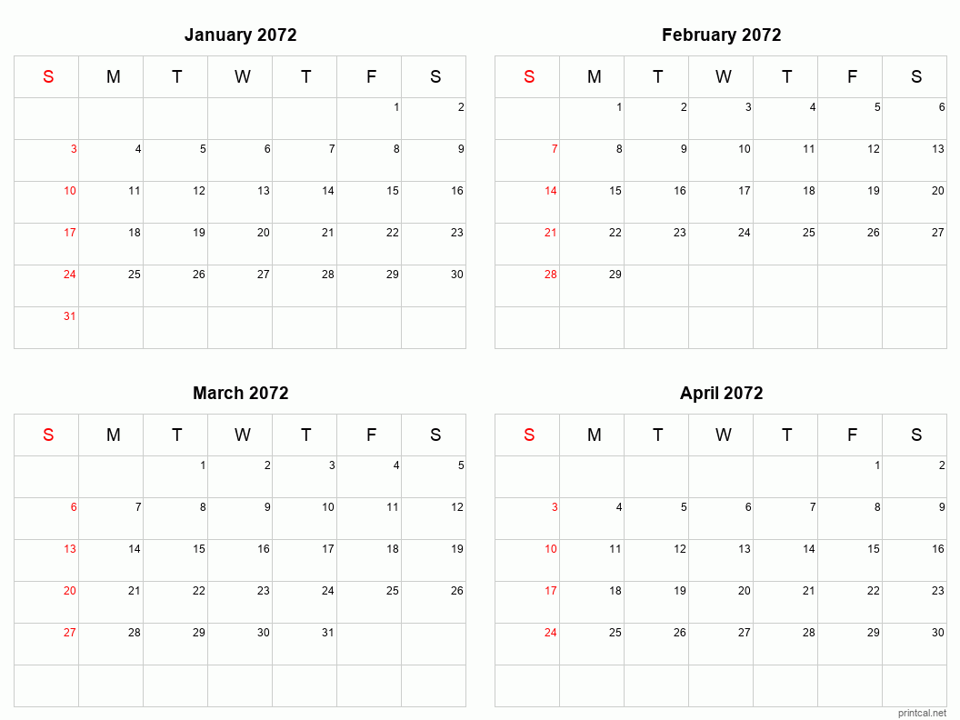 4 month calendar January to April 2072