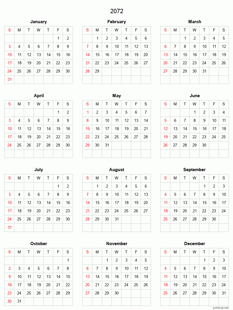 Printable 2072 Full-Year Calendar