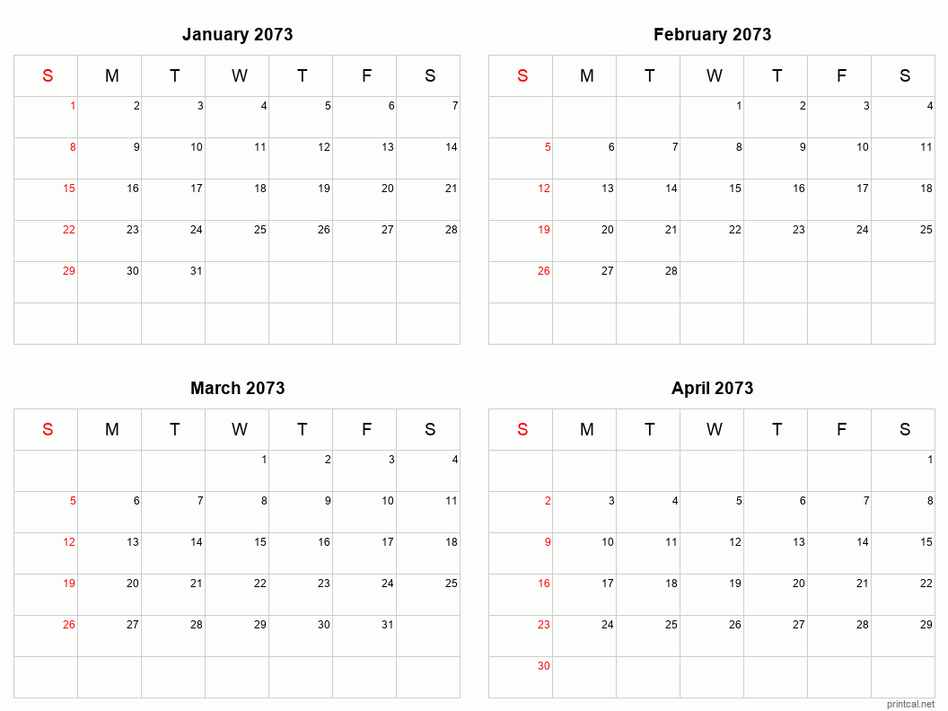 4 month calendar January to April 2073