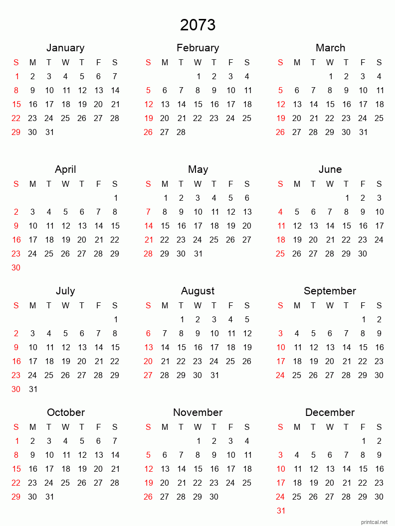 Printable 2073 Yearly Calendar