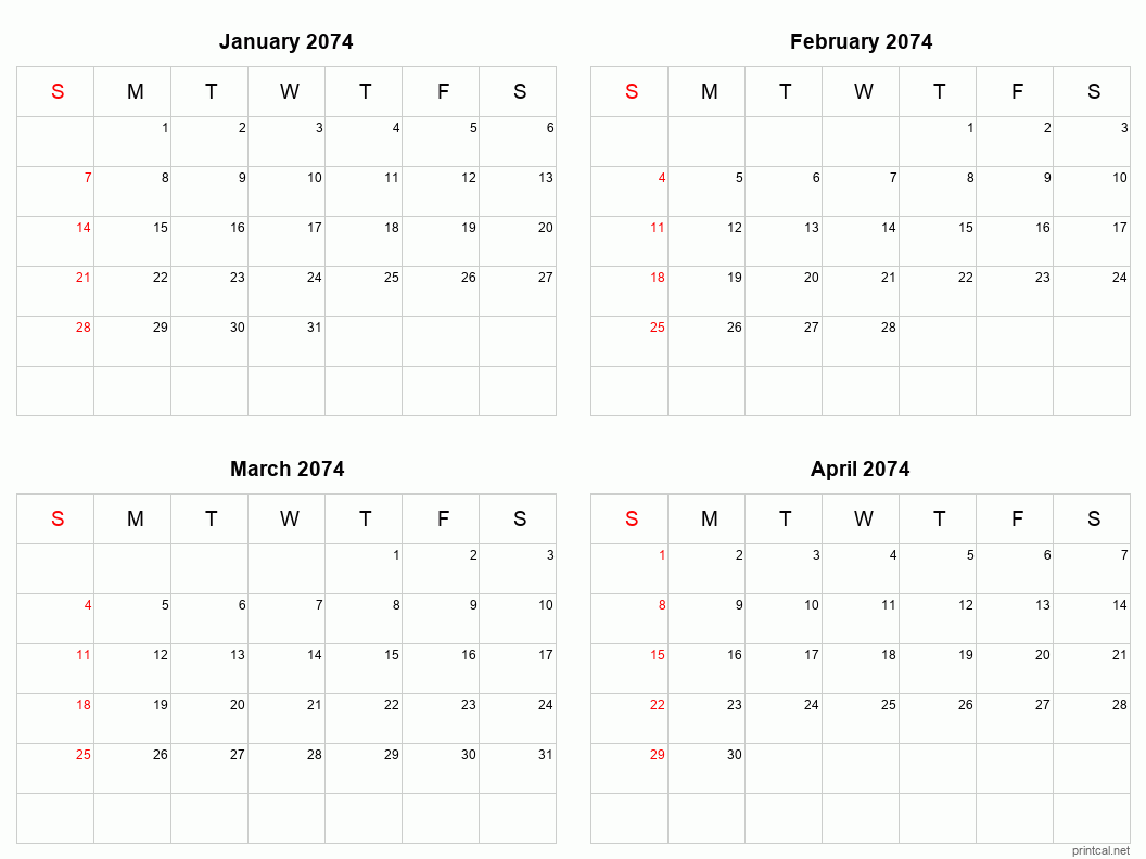 4 month calendar January to April 2074