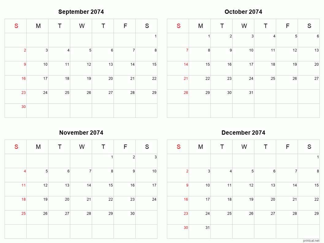 4 month calendar September to December 2074