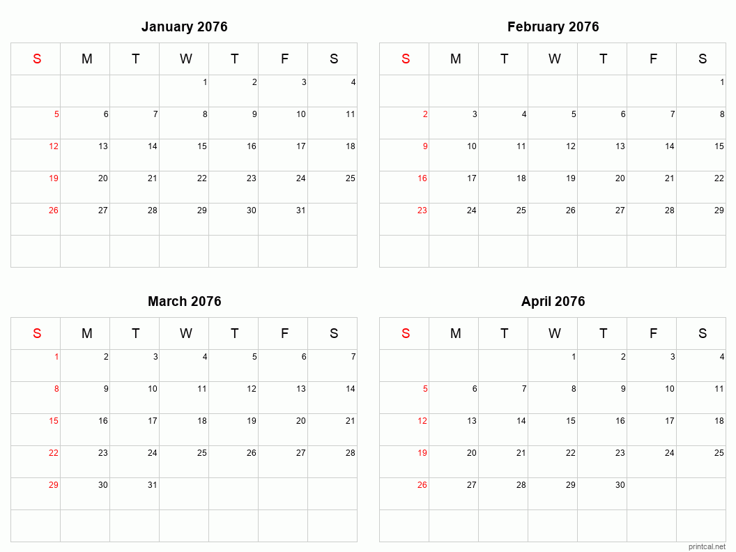 4 month calendar January to April 2076