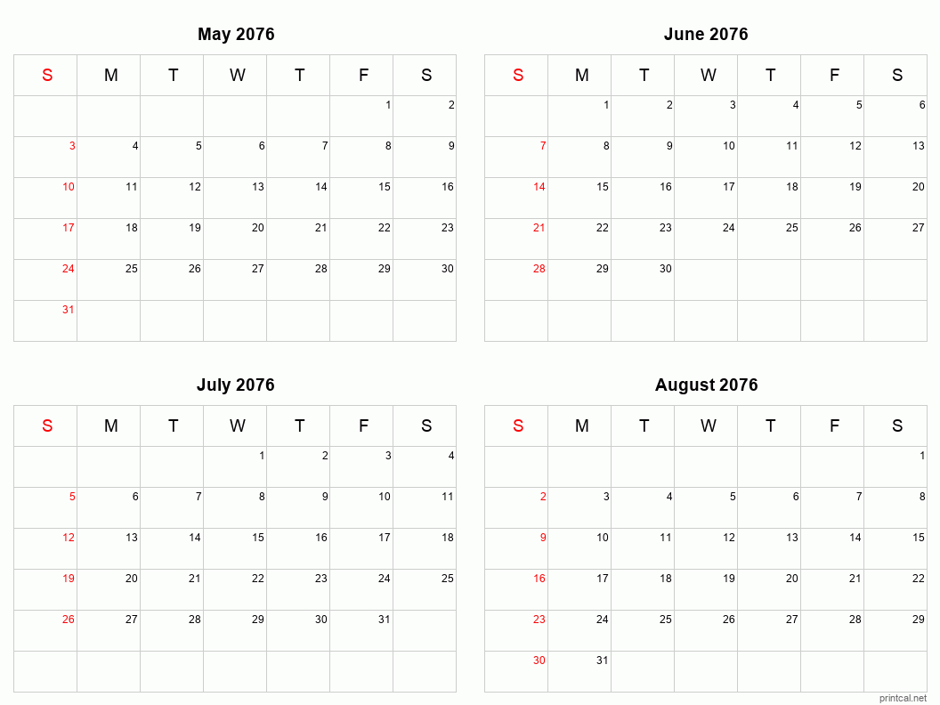 4 month calendar May to August 2076