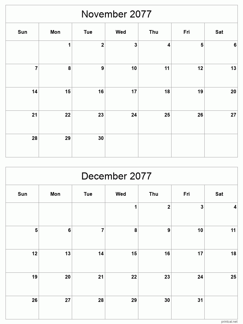 2 month calendar November to December 2077