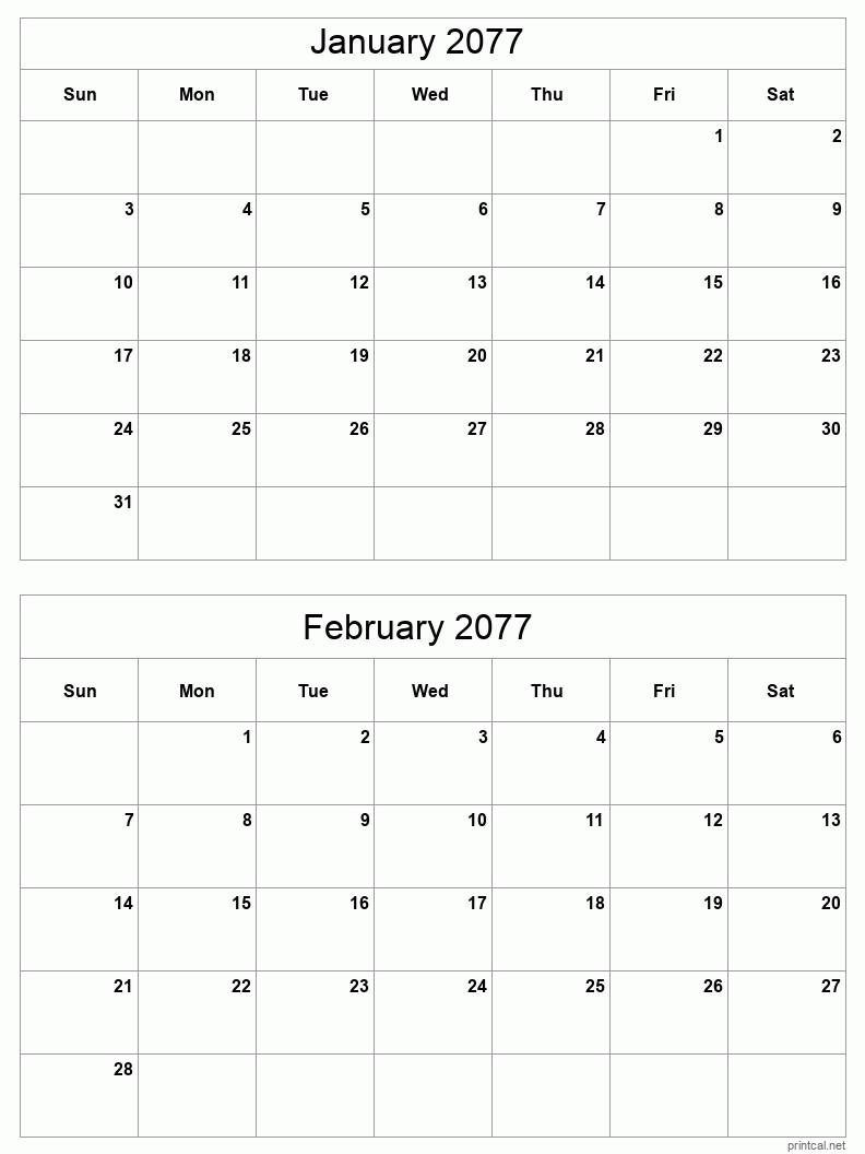 2 month calendar January to February 2077