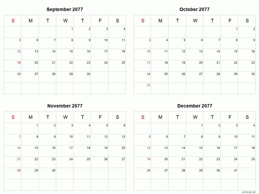 4 month calendar September to December 2077