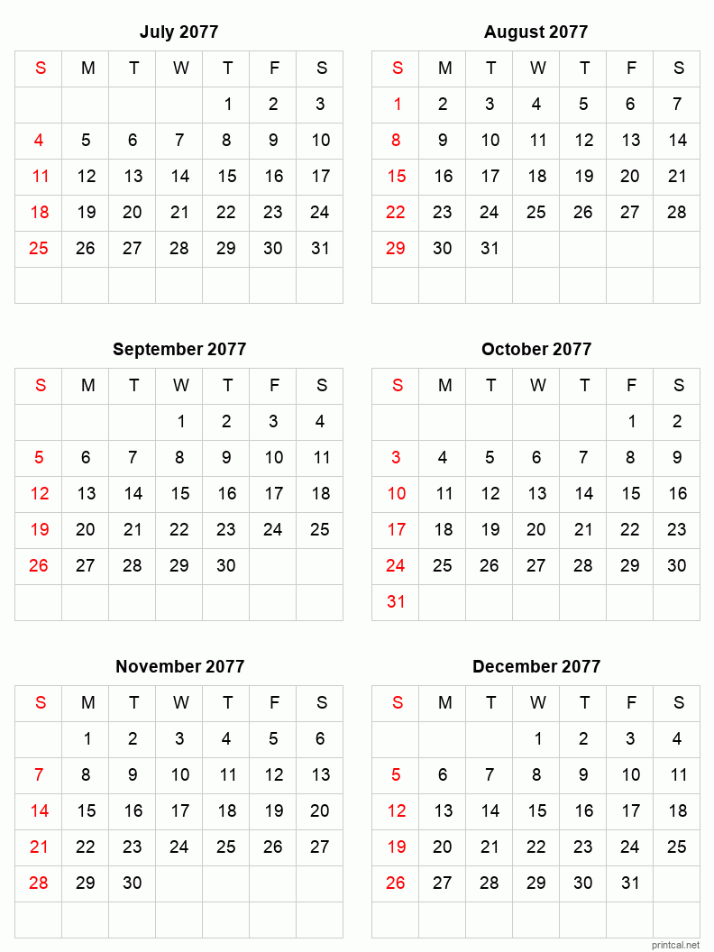 6 month calendar July to December 2077