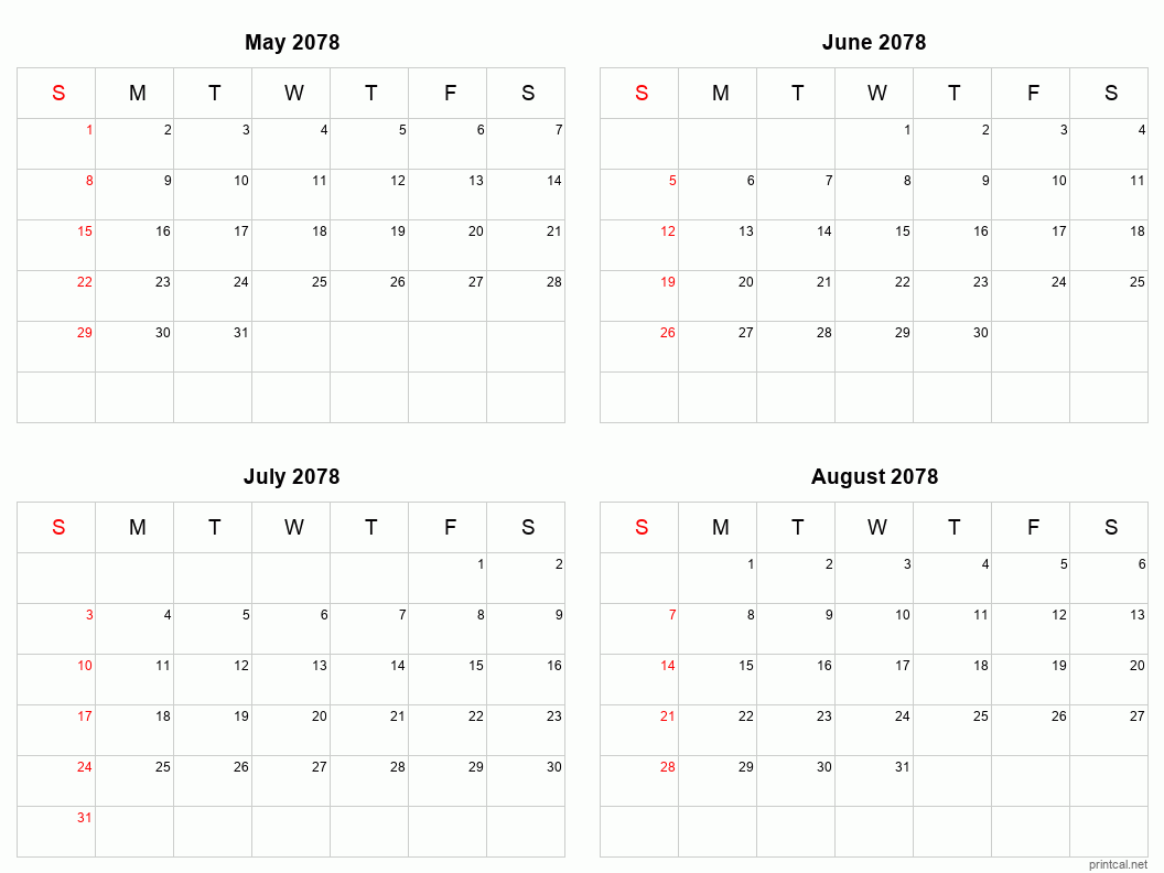 4 month calendar May to August 2078