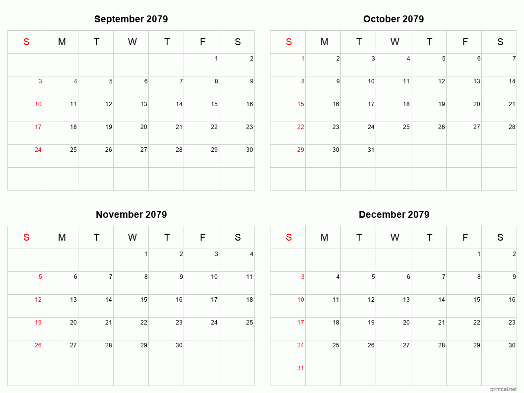 4 month calendar September to December 2079