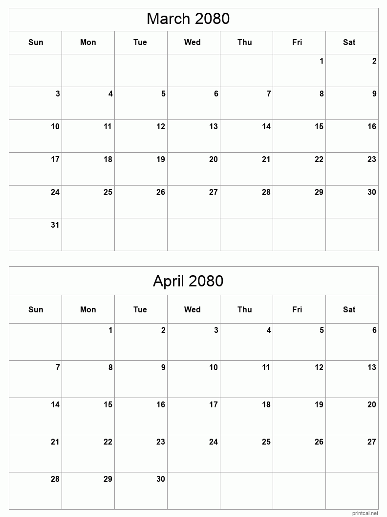 2 month calendar March to April 2080