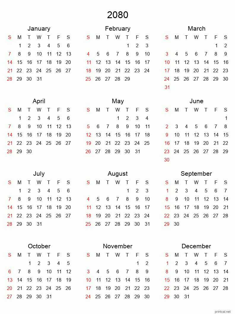 Printable 2080 Yearly Calendar