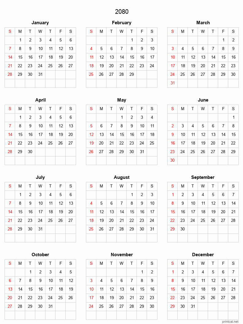 Printable 2080 Full-Year Calendar