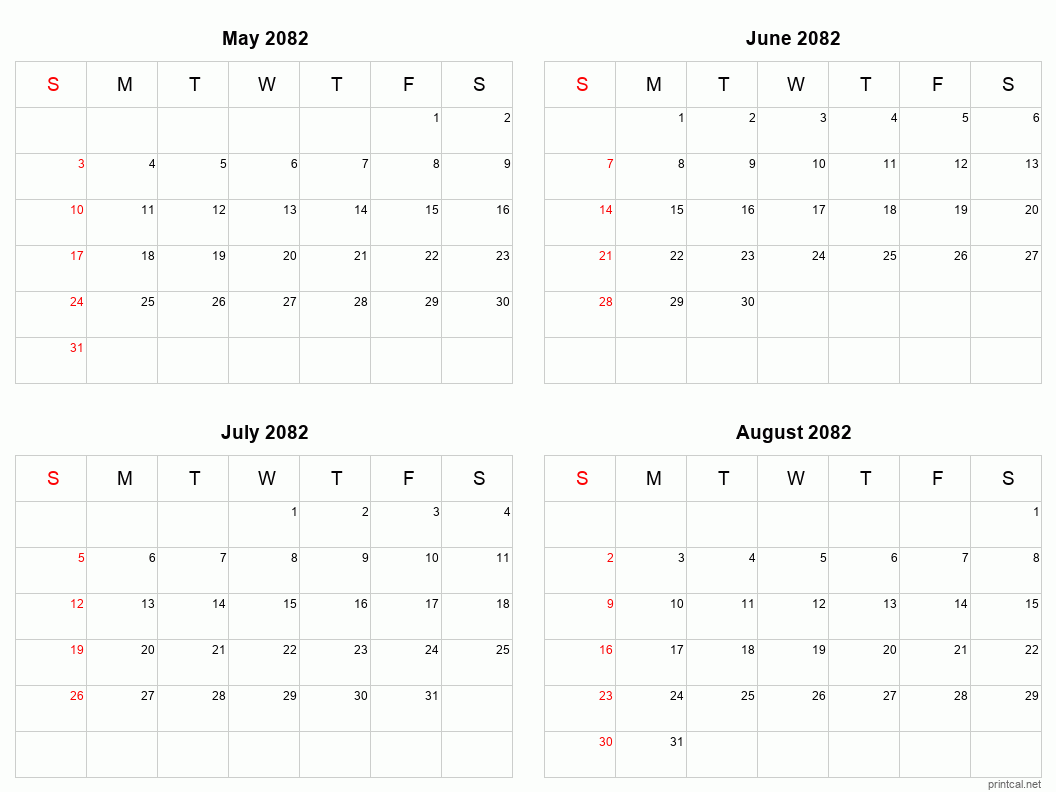 4 month calendar May to August 2082