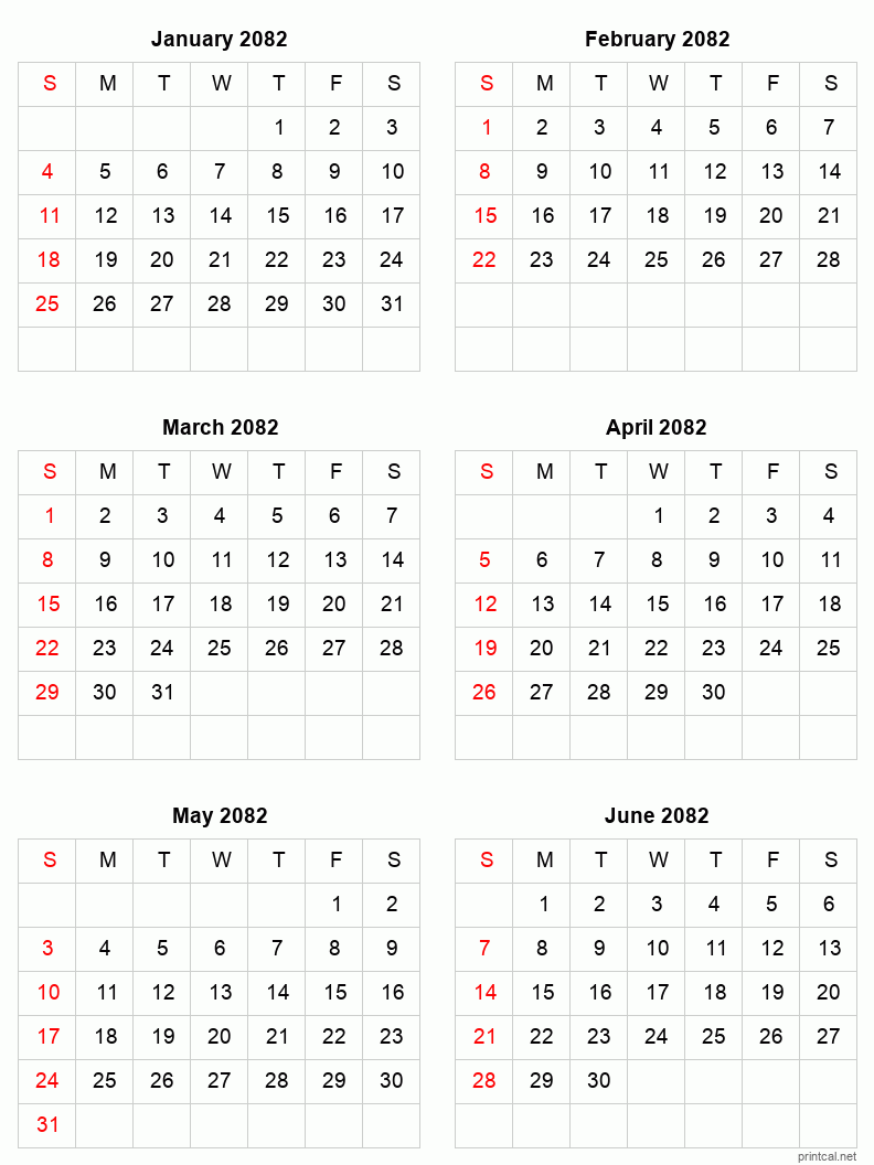 6 month calendar January to June 2082