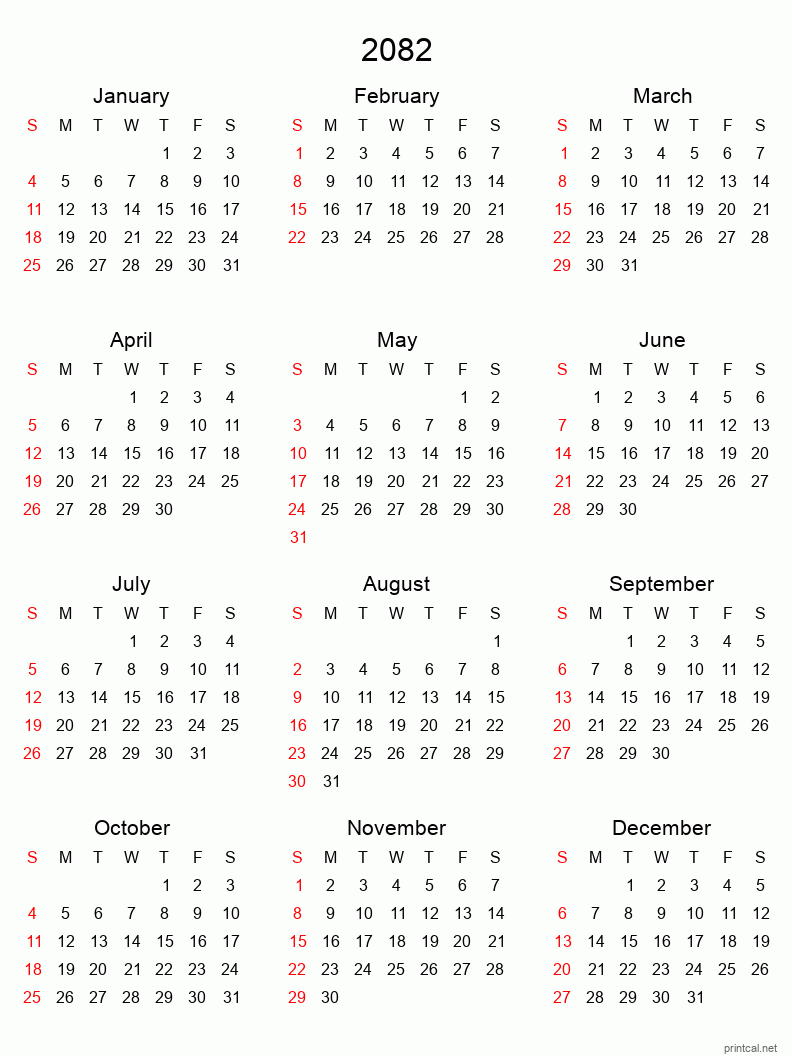 Printable 2082 Yearly Calendar