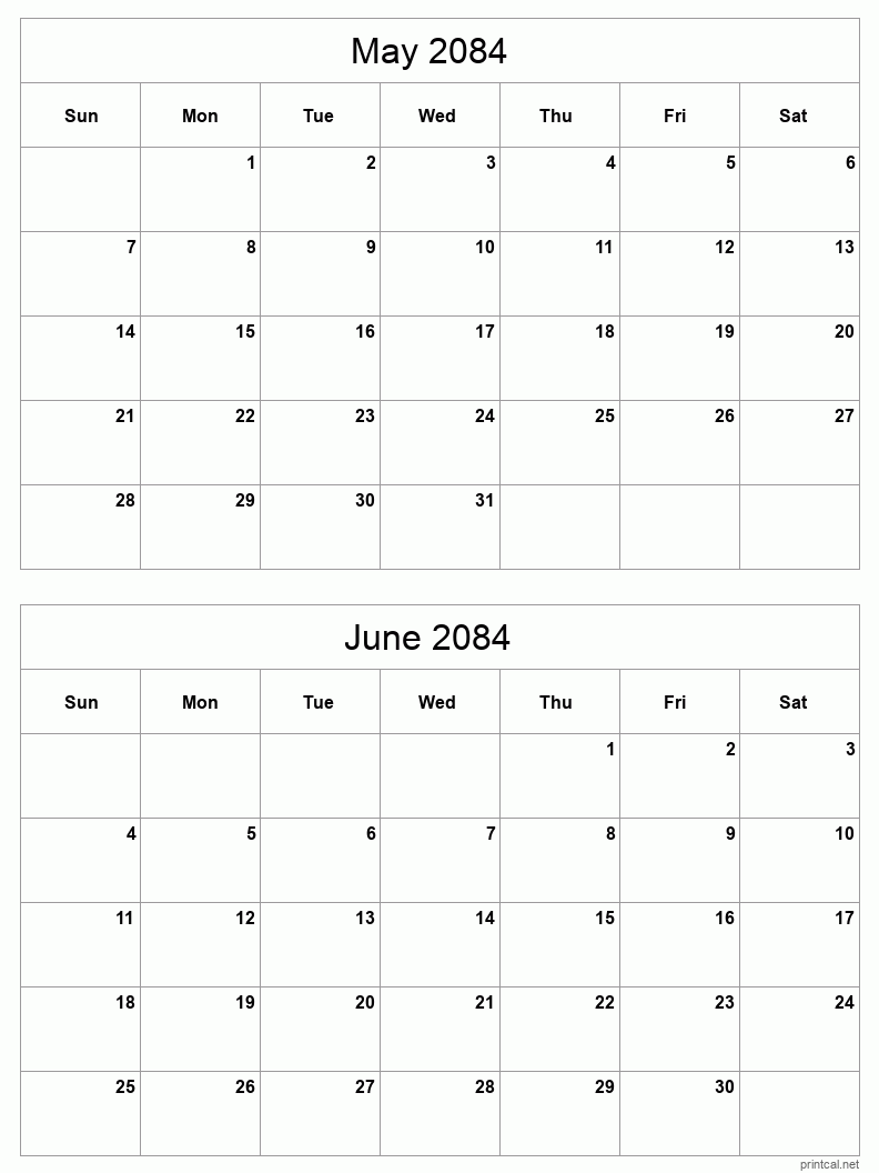 2 month calendar May to June 2084