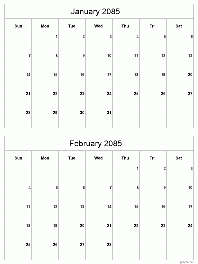 2 month calendar January to February 2085