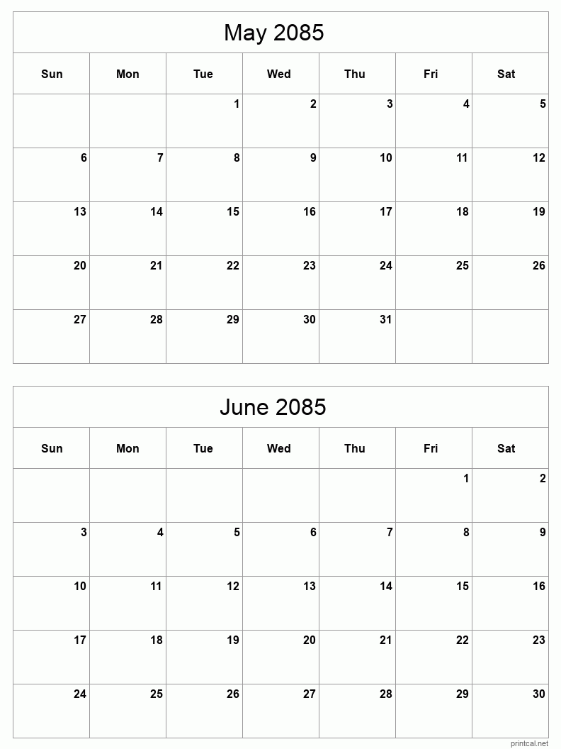 2 month calendar May to June 2085