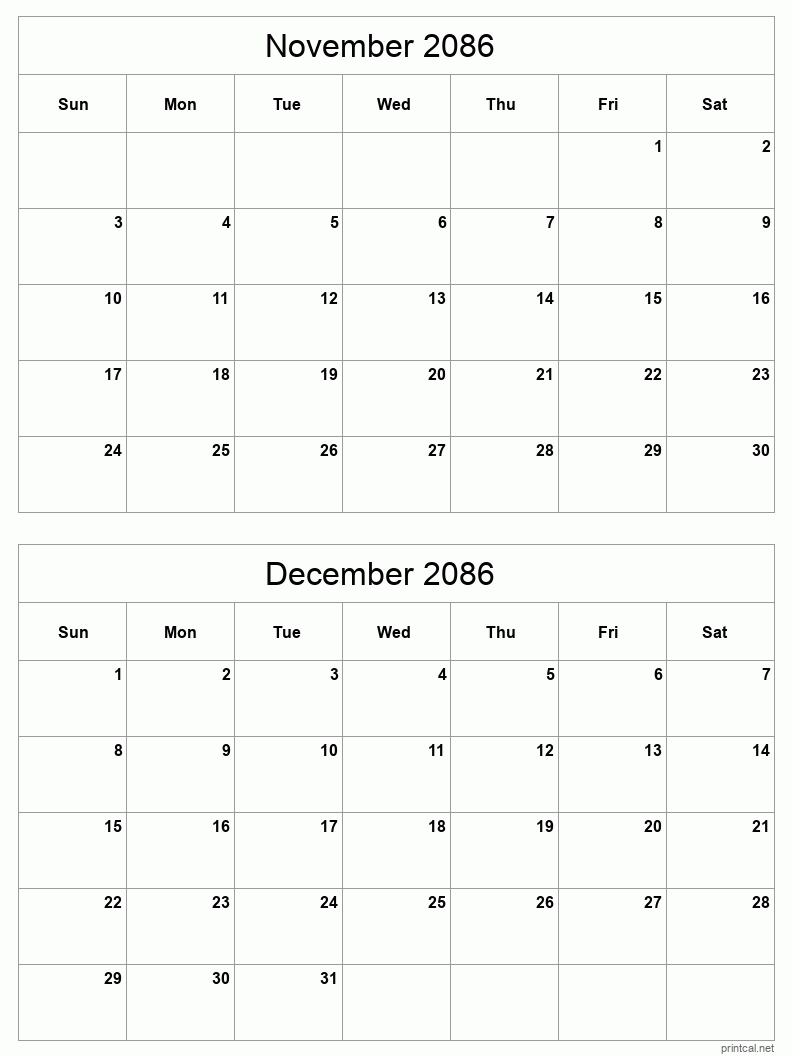 2 month calendar November to December 2086