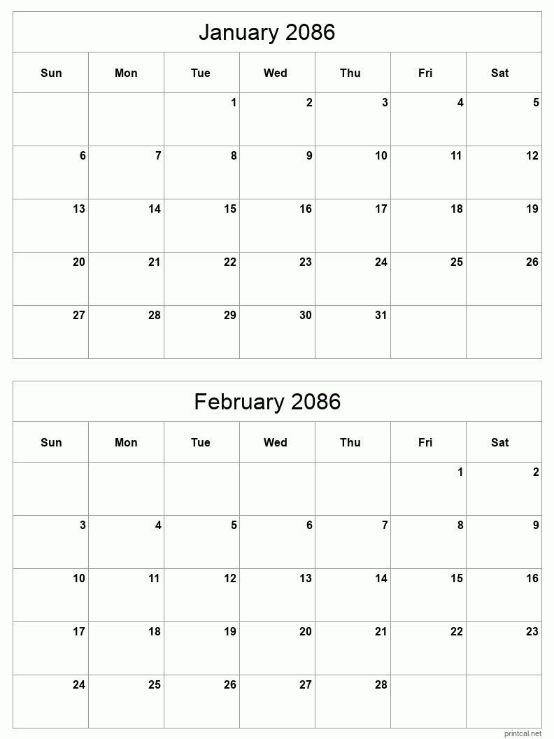 2 month calendar January to February 2086