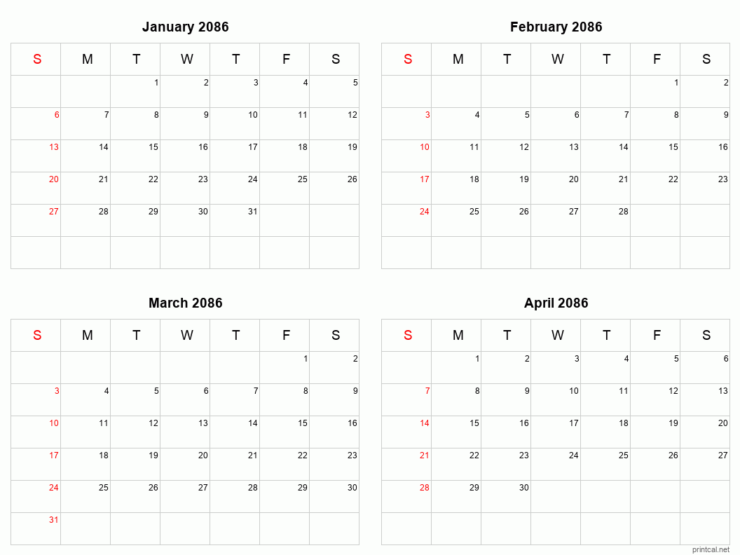 4 month calendar January to April 2086