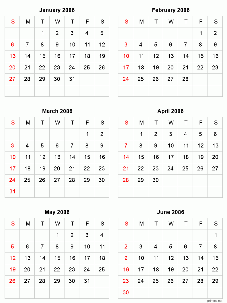 6 month calendar January to June 2086