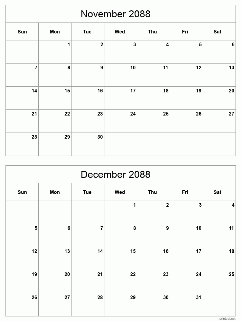 2 month calendar November to December 2088