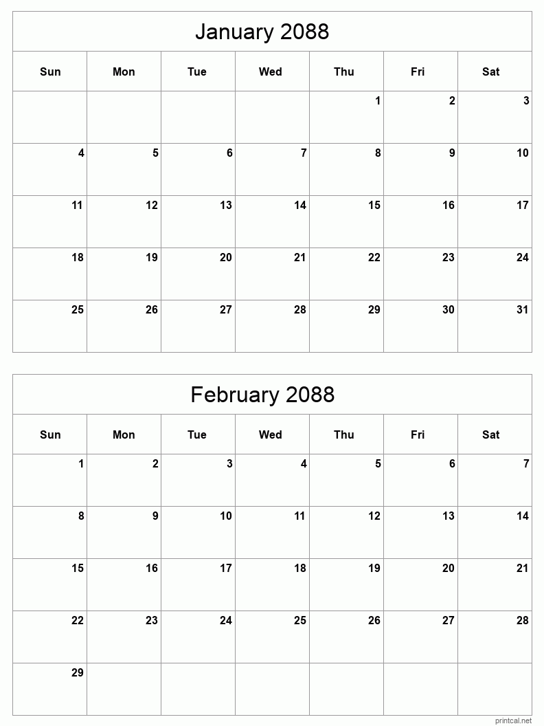 2 month calendar January to February 2088