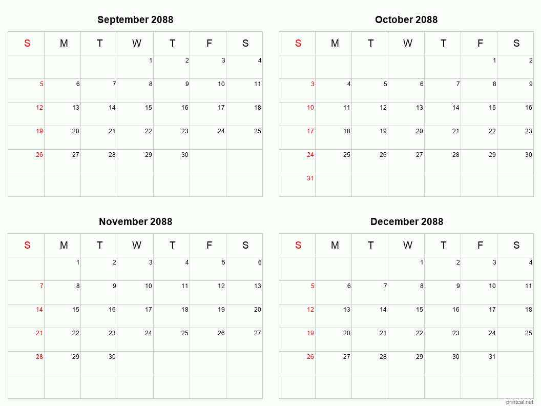 4 month calendar September to December 2088