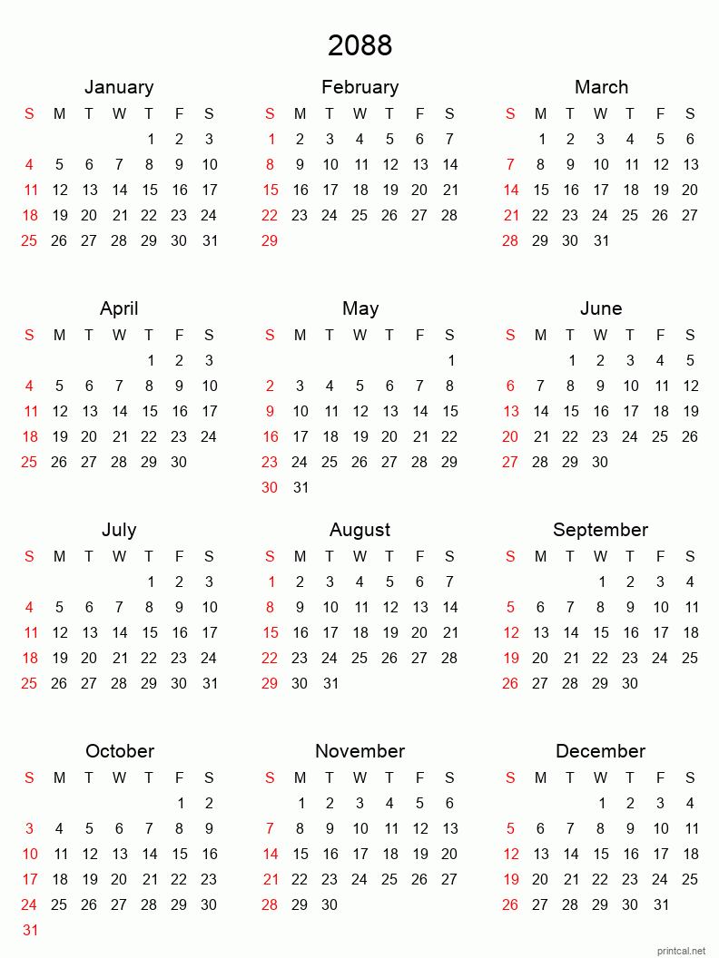 Printable 2088 Yearly Calendar