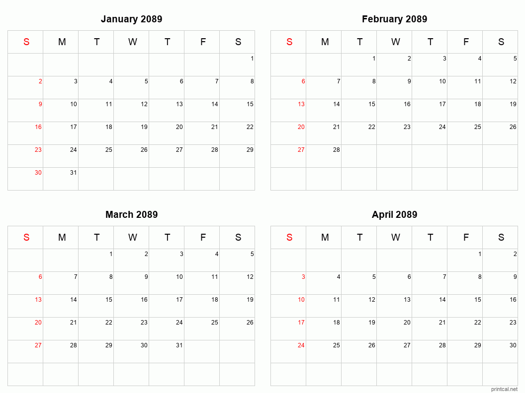 4 month calendar January to April 2089