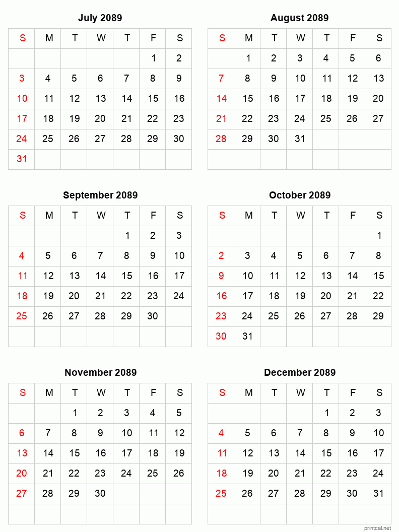 6 month calendar July to December 2089