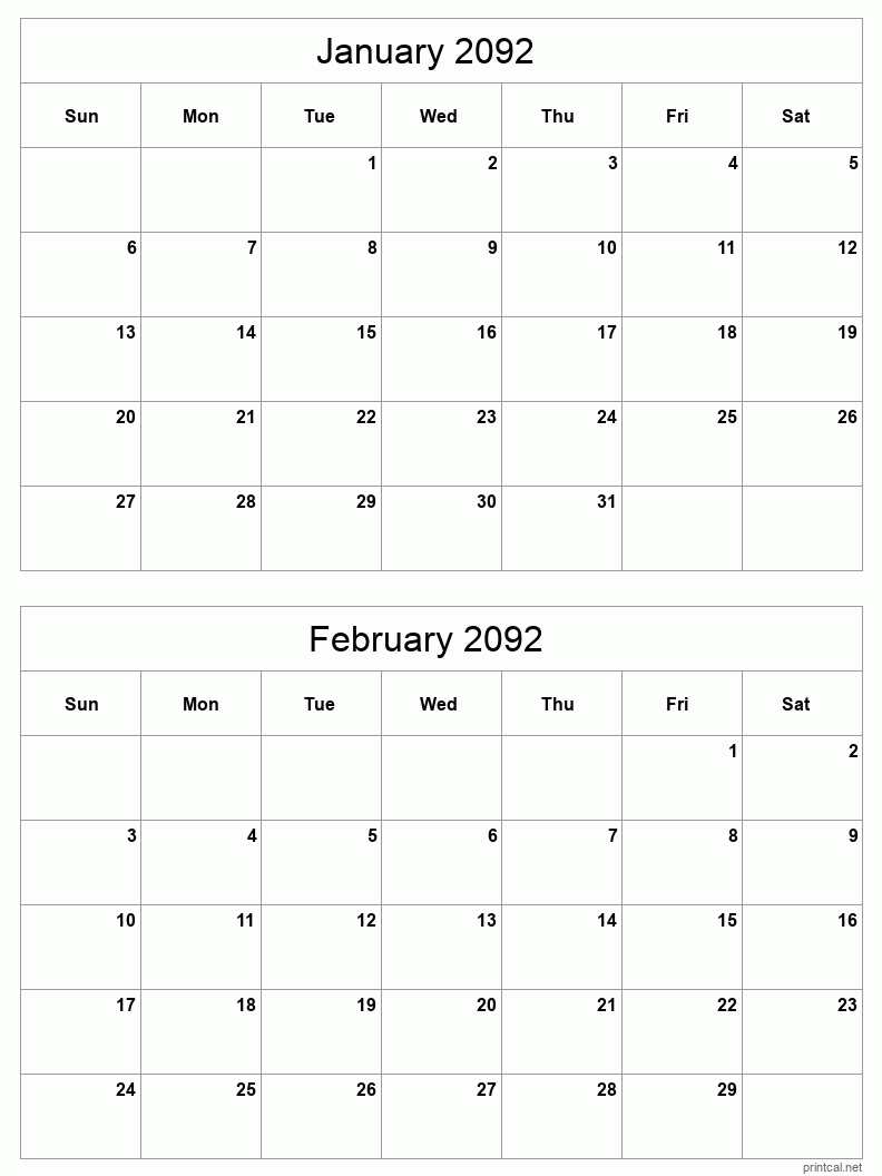 2 month calendar January to February 2092