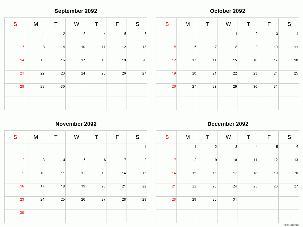 4 month calendar September to December 2092