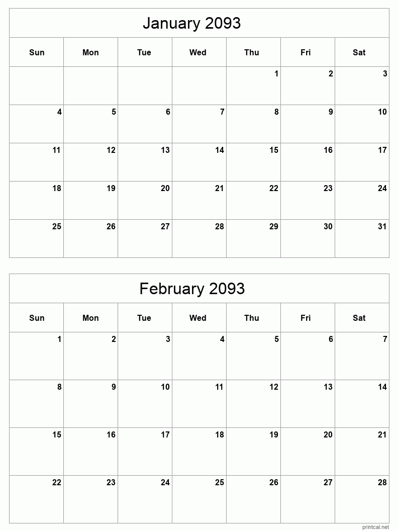 2 month calendar January to February 2093