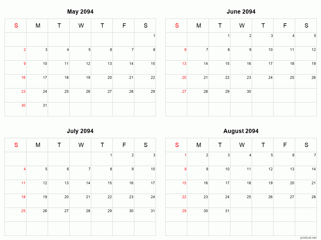 4 month calendar May to August 2094