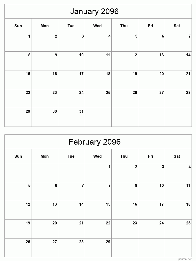 2 month calendar January to February 2096