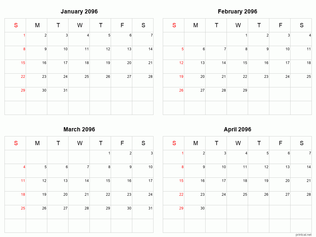 4 month calendar January to April 2096