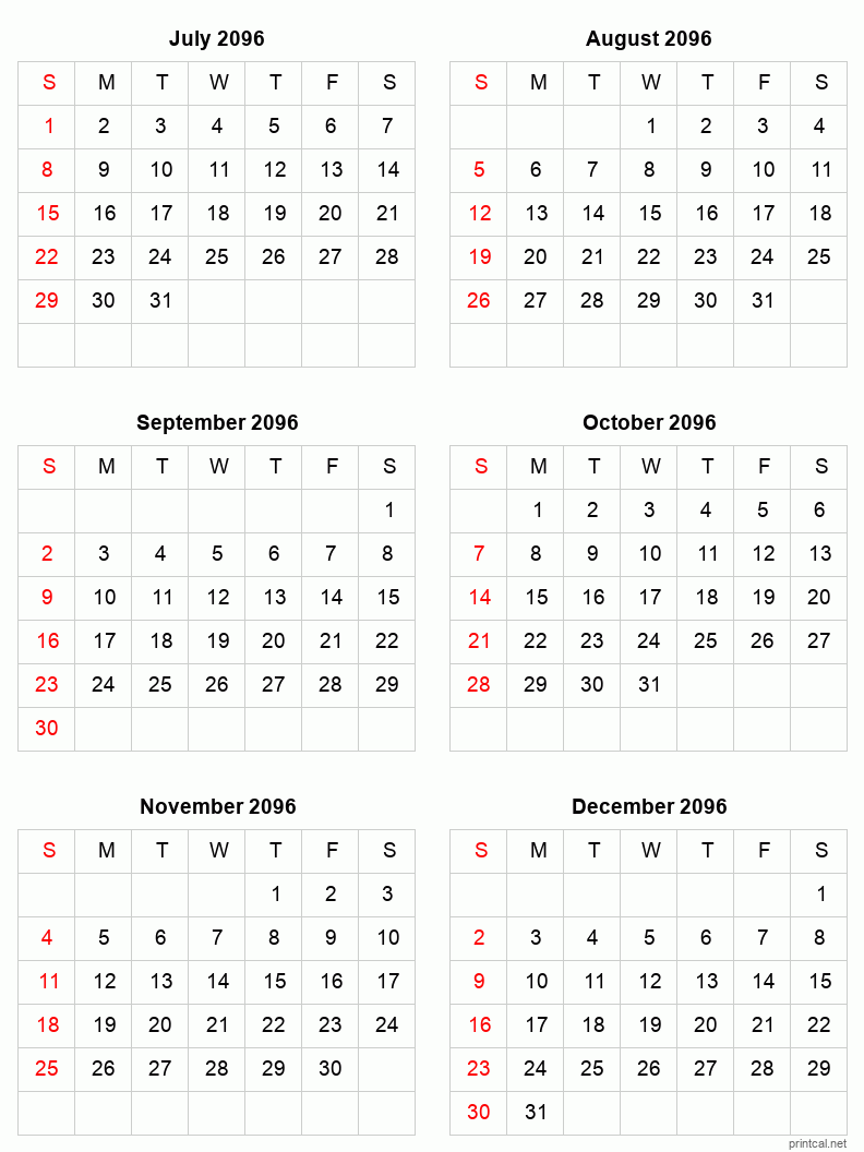 6 month calendar July to December 2096