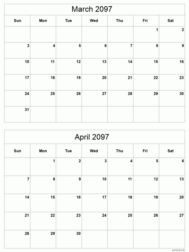 2 month calendar March to April 2097