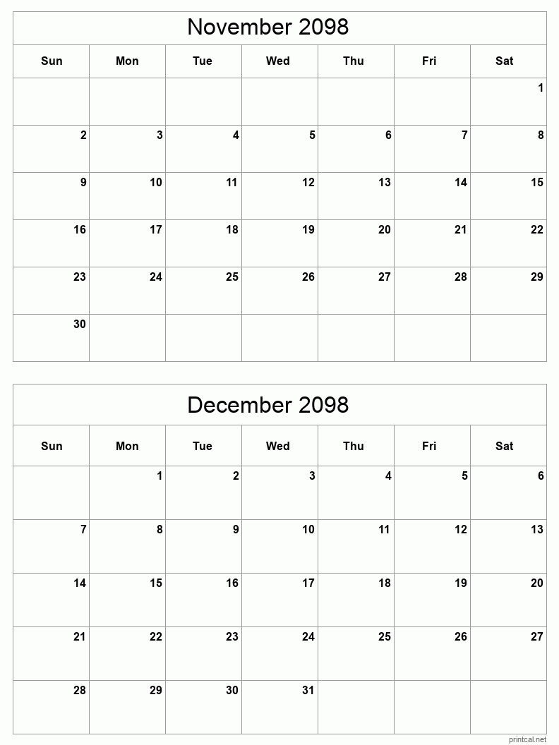 2 month calendar November to December 2098