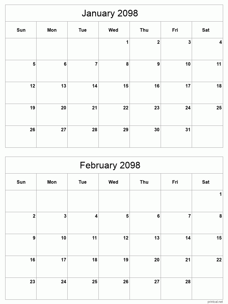 2 month calendar January to February 2098