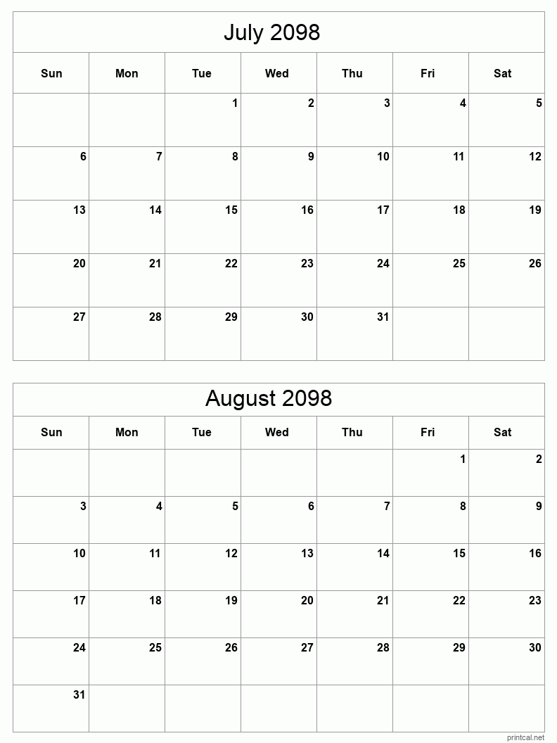 2 month calendar July to August 2098