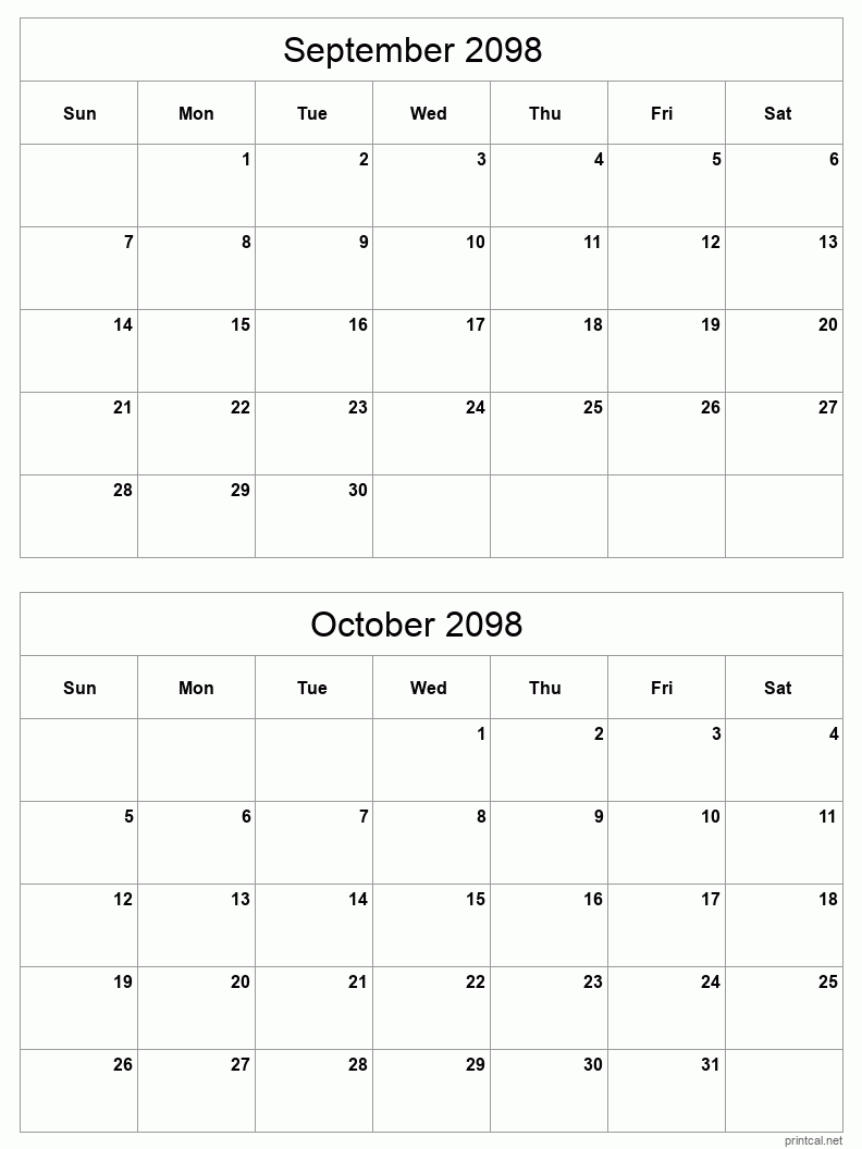 2 month calendar September to October 2098