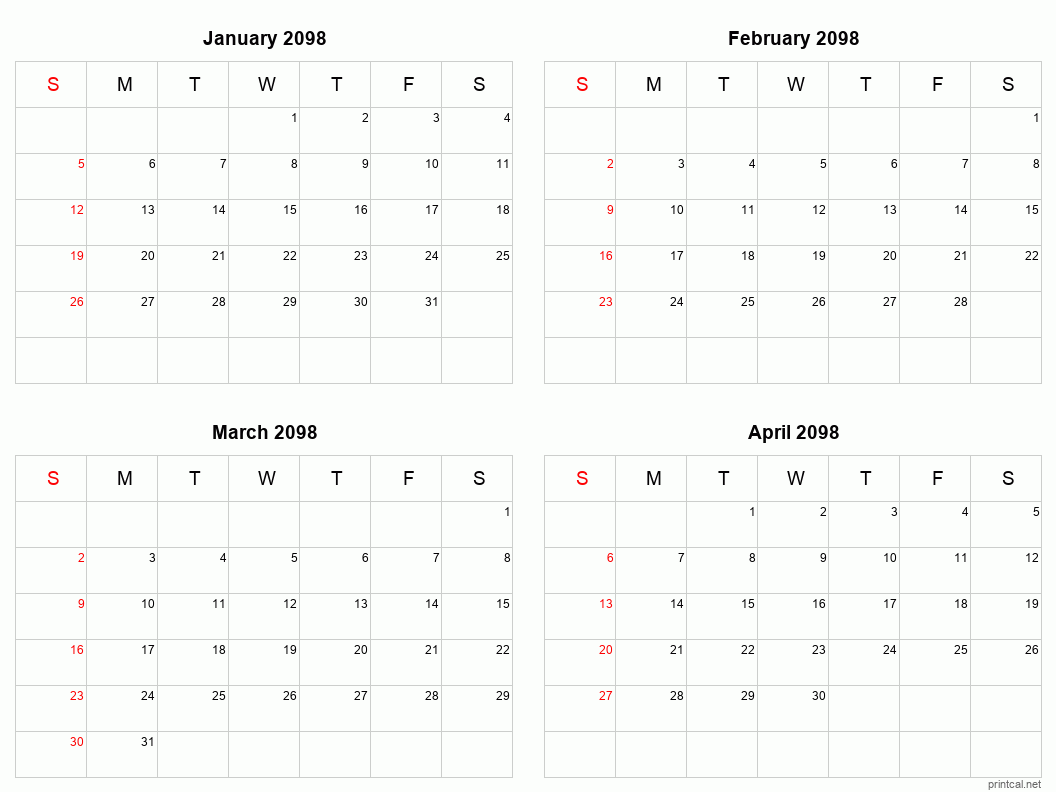 4 month calendar January to April 2098