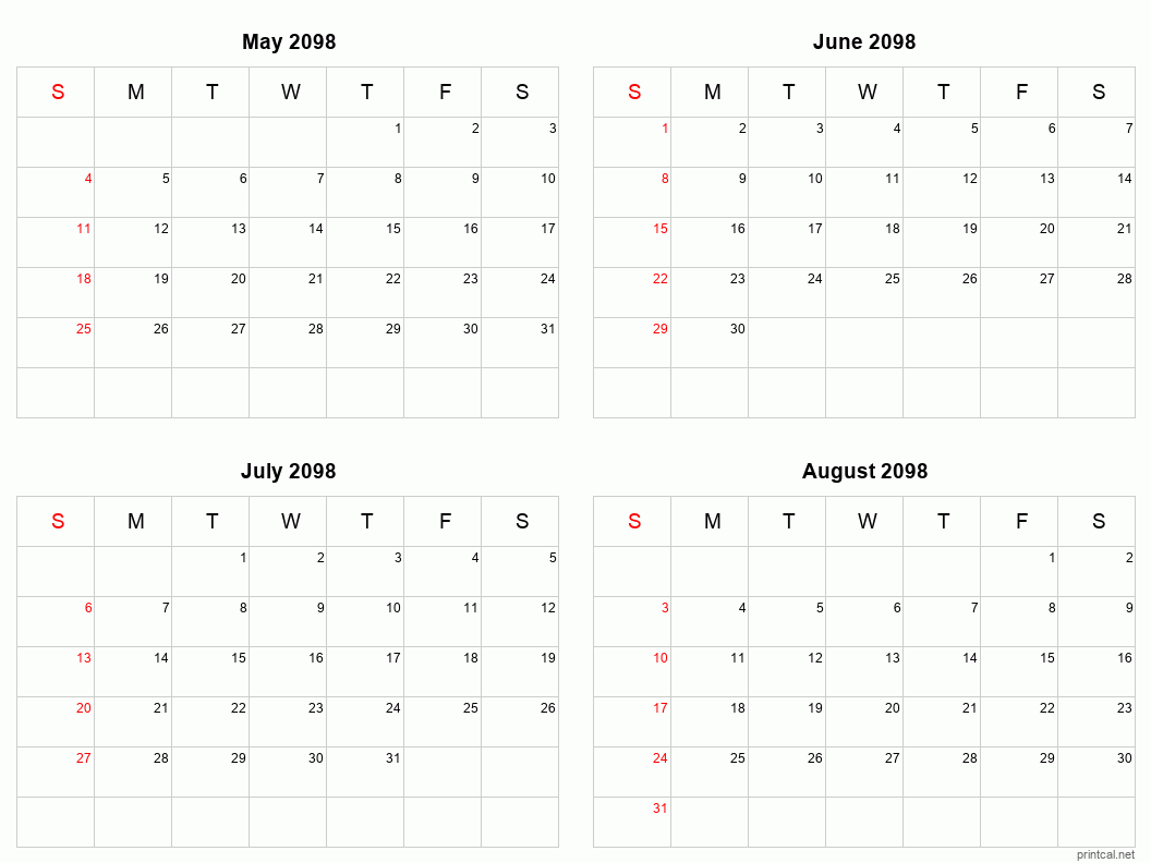 4 month calendar May to August 2098