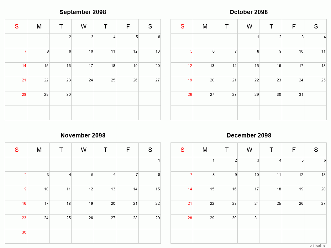 4 month calendar September to December 2098