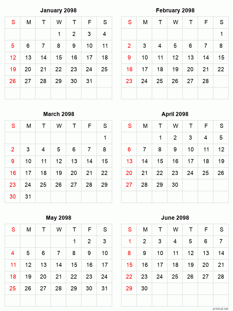 6 month calendar January to June 2098